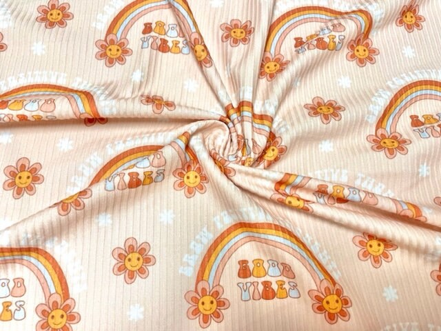 4x2 Rib Good Vibes Rainbow DBP Knit Print #314 Double Brushed Poly Spandex Stretch 190GSM Apparel Fabric 58"-60" Wide By The Yard