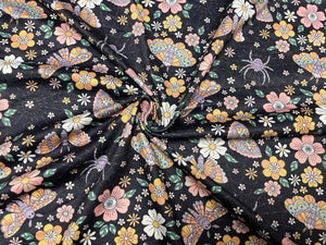 Boho Butterfly Halloween Floral DBP Print #851 Double Brushed Polyester Spandex Apparel Stretch Fabric 190 GSM 58"-60" Wide By The Yard