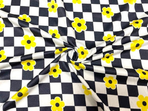 Checkerboard 3/4" Floral Black White DBP Print #852 Double Brushed Polyester Spandex Apparel Stretch Fabric 190 GSM 58"-60" Wide By The Yard