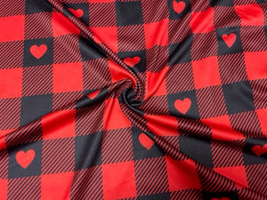 Heart Buffalo Plaid Red Black DBP Print #875 Double Brushed Polyester Spandex Apparel Stretch Fabric 190 GSM 58"-60" Wide By The Yard