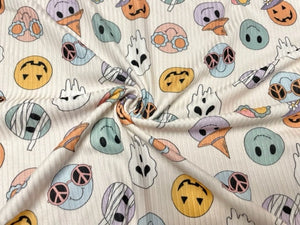Cute Spooky Faces DBP 4x2 Rib Knit Print #244 Double Brushed Poly Spandex Stretch 190GSM Apparel Fabric 58"-60" Wide By The Yard