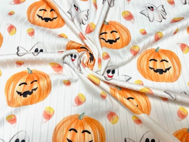 8x3 Halloween Pumpkin Ghost DBP Knit Print #389 Double Brushed Poly Spandex Stretch 190GSM Apparel Fabric 58"-60" Wide By The Yard