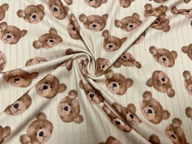 8x3 Rib Brittany Frost Designs Teddy Bear DBP Knit Print #278 Brushed Poly Spandex Stretch 190GSM Apparel Fabric 58"-60" Wide By The Yard