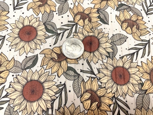 8x3 Rib Brittany Frost Designs Sunflowers DBP Knit Print #295 Brushed Poly Spandex Stretch 190GSM Apparel Fabric 58"-60" Wide By The Yard
