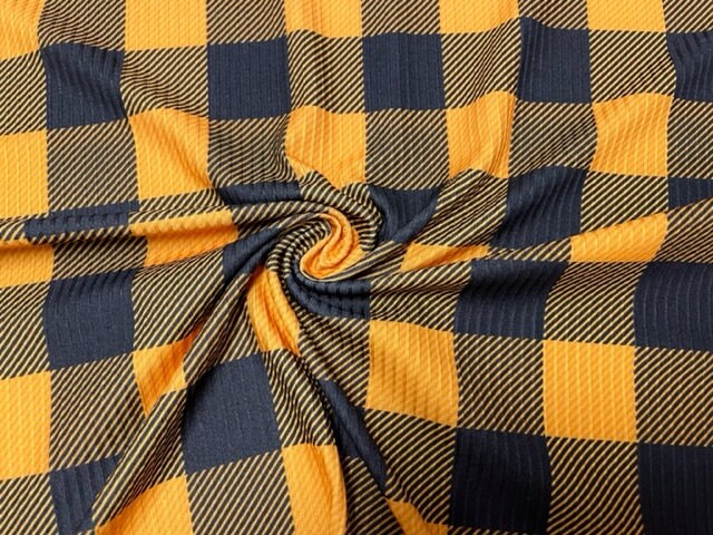 4x2 Rib Buffalo Plaid Mustard Black DBP Knit Print #317 Double Brushed Poly Spandex Stretch 190GSM Apparel Fabric 58"-60" Wide By The Yard