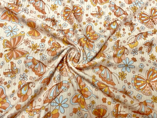 4x2 Rib Boho Butterfly Fall Floral DBP Knit Print #321 Double Brushed Poly Spandex Stretch 190GSM Apparel Fabric 58"-60" Wide By The Yard
