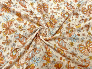 4x2 Rib Boho Butterfly Fall Floral DBP Knit Print #321 Double Brushed Poly Spandex Stretch 190GSM Apparel Fabric 58"-60" Wide By The Yard