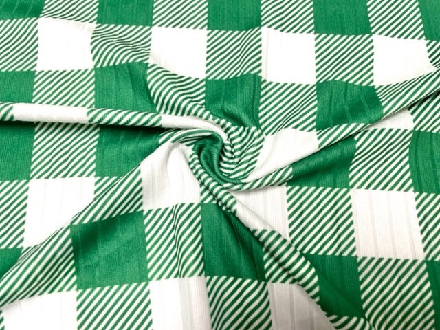 8x3 Buffalo Plaid Green White DBP Knit Print #409 Double Brushed Poly Spandex Stretch 190GSM Apparel Fabric 58"-60" Wide By The Yard