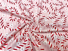 Load image into Gallery viewer, 8x3 Rib Brittany Frost Designs Candy Canes DBP Knit Print #416 Brushed Poly Spandex Stretch 190GSM Apparel Fabric 58"-60" Wide By The Yard