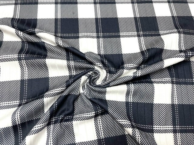 8x3 Rib Lumberjack Plaid Black White DBP Knit Print #344 Double Brushed Poly Spandex Stretch 190GSM Apparel Fabric 58"-60" Wide By The Yard