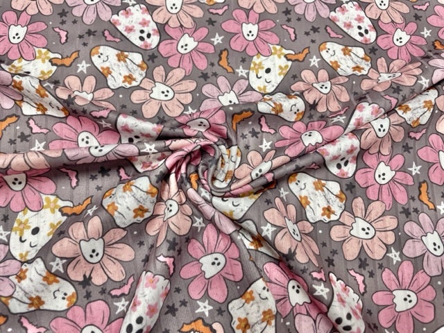 8x3 Rib Brittany Frost Designs Floral Ghosts DBP Knit Print #346 Brushed Poly Spandex Stretch 190GSM Apparel Fabric 58"-60" Wide By The Yard