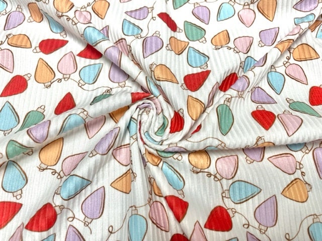 4x2 Rib Knit Brittany Frost Designs Christmas Lights DBP Print #424 Double Brush Poly Spandex Stretch 190GSM Fabric 58"-60" Wide By The Yard