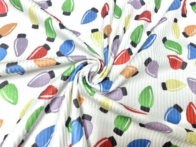 4x2 Rib Knit Brittany Frost Designs Christmas Lights DBP Print #427 Double Brush Poly Spandex Stretch 190GSM Fabric 58"-60" Wide By The Yard