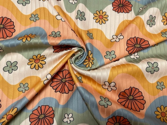 8x3 Groovy Floral Daisy DBP Knit Print #365 Double Brushed Poly Spandex Stretch 190GSM Apparel Fabric 58"-60" Wide By The Yard