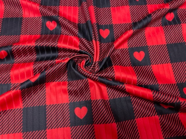 8x3 Buffalo Plaid Heart DBP Knit Print #399 Double Brushed Poly Spandex Stretch 190GSM Apparel Fabric 58"-60" Wide By The Yard