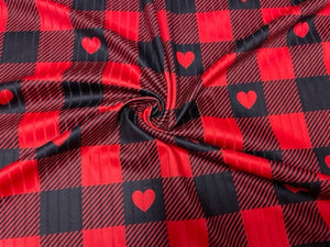 8x3 Buffalo Plaid Heart DBP Knit Print #399 Double Brushed Poly Spandex Stretch 190GSM Apparel Fabric 58"-60" Wide By The Yard