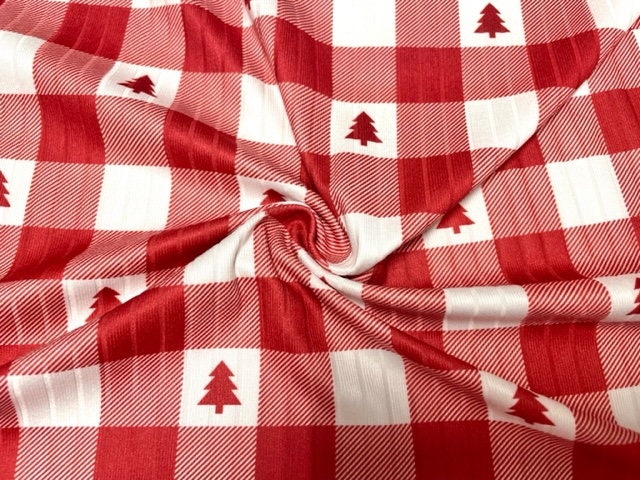 8x3 Buffalo Plaid Christmas Tree Red DBP Knit Print #411 Double Brushed Poly Spandex Stretch 190GSM Apparel Fabric 58"-60" Wide By The Yard