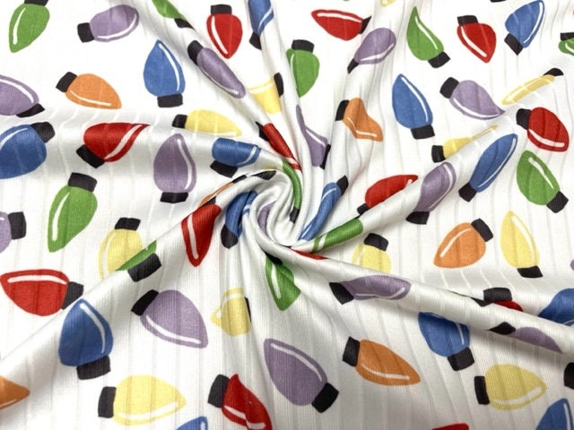 8x3 Rib Brittany Frost Designs Xmas Lights DBP Knit Print #414 Brushed Poly Spandex Stretch 190GSM Apparel Fabric 58"-60" Wide By The Yard