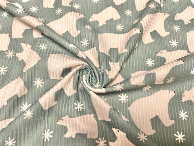 4x2 Rib Knit Brittany Frost Designs Polar Bears DBP Print #418 Double Brush Poly Spandex Stretch 190GSM Fabric 58"-60" Wide By The Yard