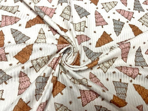 4x2 Rib Knit Brittany Frost Designs Christmas Trees DBP Print #426 Double Brush Poly Spandex Stretch 190GSM Fabric 58"-60" Wide By The Yard