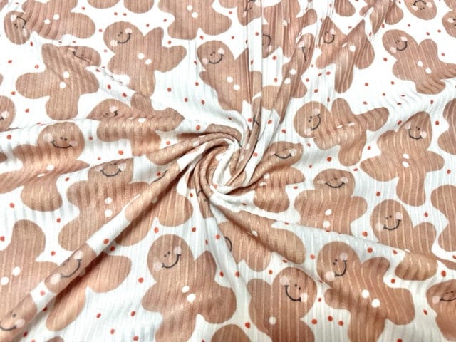 4x2 Rib Knit Brittany Frost Designs Gingerbread Man DBP Print #435 Double Brush Poly Spandex Stretch 190GSM Fabric 58"-60" Wide By The Yard
