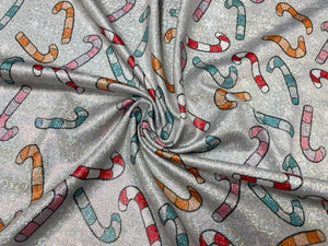 Brittany Frost Designs Candy Cane Sparkle Print #11 Shiny Shimmer Stretch Poly Spandex 190 GSM Apparel Craft Fabric 58"-60" Wide By The Yard