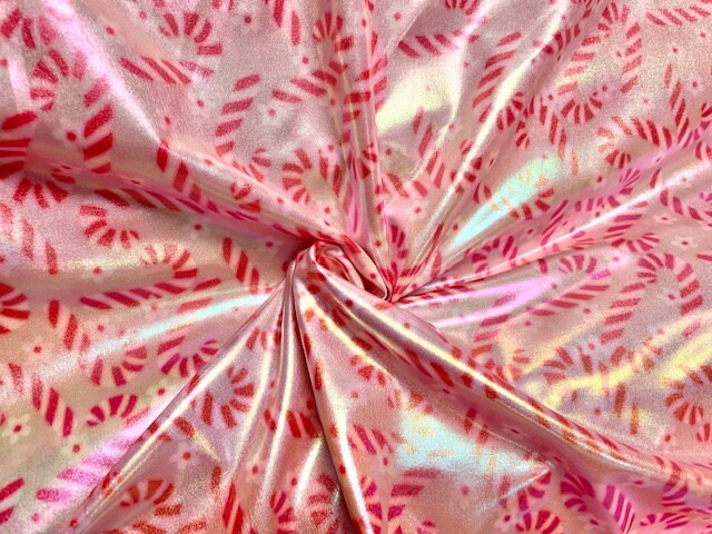 Holo Pleather Brittany Frost Designs Candy Cane Print #26 Shiny Stretch Vinyl Poly Spandex 190 GSM Apparel Fabric 58"-60" Wide By The Yard