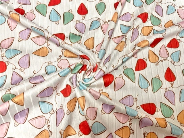8x3 Rib Brittany Frost Designs Xmas Lights DBP Knit Print #448 Brushed Poly Spandex Stretch 190GSM Apparel Fabric 58"-60" Wide By The Yard