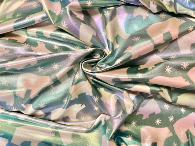 Holo Pleather Brittany Frost Designs Polar Bear Print #25 Shiny Stretch Vinyl Poly Spandex 190 GSM Apparel Fabric 58"-60" Wide By The Yard