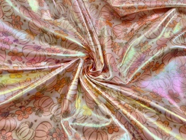 Holo Pleather Brittany Frost Designs Pink Pumpkin Print #27 Shiny Stretch Vinyl Poly Spandex 190 GSM Apparel Fabric 58"-60" Wide By The Yard