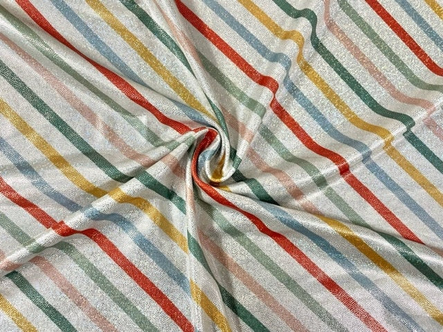 Sparkle Christmas Stripe Print #15 Shiny Shimmer Stretch Poly Spandex 190 GSM Apparel Craft Fabric 58"-60" Wide By The Yard