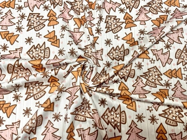 8x3 Rib Brittany Frost Designs Xmas Tree DBP Knit Print #464 Brushed Poly Spandex Stretch 190GSM Apparel Fabric 58"-60" Wide By The Yard