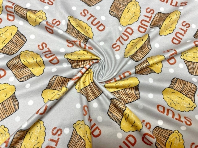 Brittany Frost Designs Stud Muffin DBP Print #916 Double Brushed Polyester Spandex Apparel Stretch Fabric 190 GSM 58"-60" Wide By The Yard