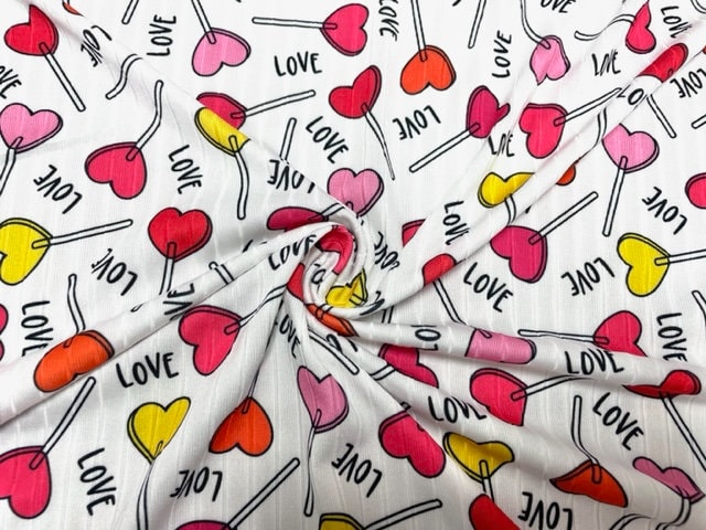 8x3 Rib Love Heart Lollipop V-Day DBP Knit Print #481 Double Brushed Poly Spandex Stretch 190GSM Apparel Fabric 58"-60" Wide By The Yard