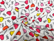 Load image into Gallery viewer, 8x3 Rib Love Heart Lollipop V-Day DBP Knit Print #481 Double Brushed Poly Spandex Stretch 190GSM Apparel Fabric 58&quot;-60&quot; Wide By The Yard