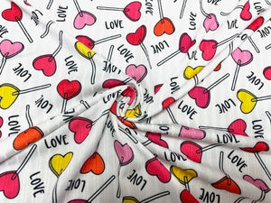 8x3 Rib Love Heart Lollipop V-Day DBP Knit Print #481 Double Brushed Poly Spandex Stretch 190GSM Apparel Fabric 58"-60" Wide By The Yard