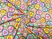 Load image into Gallery viewer, Brittany Frost Designs Candy Hearts DBP Print #912 Double Brushed Polyester Spandex Apparel Stretch Fabric 190 GSM 58&quot;-60&quot; Wide By The Yard
