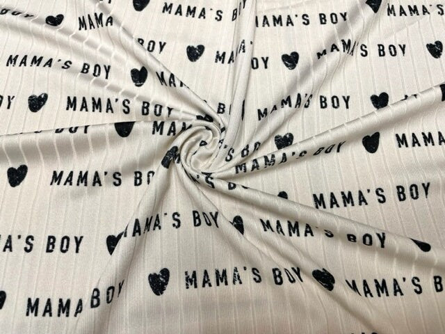 8x3 Rib Brittany Frost Designs Mama's Boy DBP Knit Print #473 Brushed Poly Spandex Stretch 190GSM Apparel Fabric 58"-60" Wide By The Yard