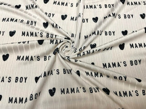 8x3 Rib Brittany Frost Designs Mama's Boy DBP Knit Print #473 Brushed Poly Spandex Stretch 190GSM Apparel Fabric 58"-60" Wide By The Yard