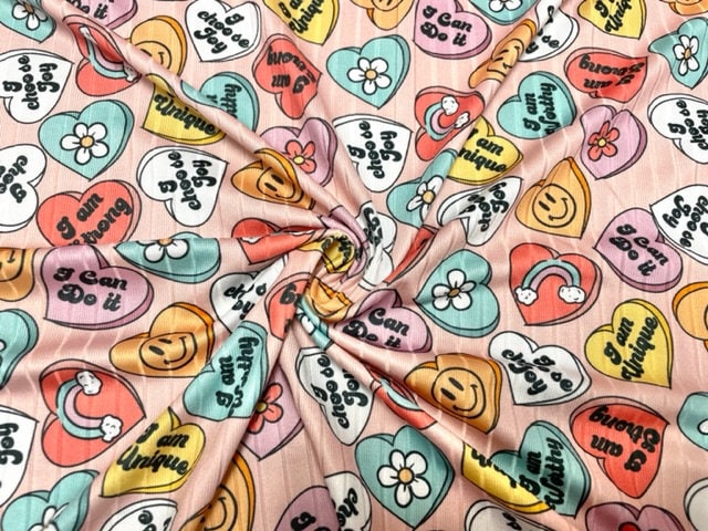 8x3 Rib Brittany Frost Designs Candy Hearts DBP Knit Print #476 Brushed Poly Spandex Stretch 190GSM Apparel Fabric 58"-60" Wide By The Yard