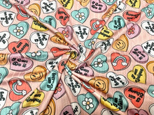 Load image into Gallery viewer, 8x3 Rib Brittany Frost Designs Candy Hearts DBP Knit Print #476 Brushed Poly Spandex Stretch 190GSM Apparel Fabric 58&quot;-60&quot; Wide By The Yard