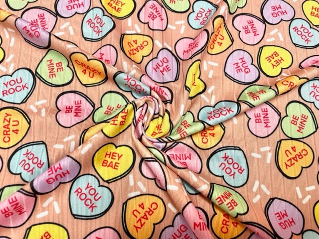 8x3 Rib Brittany Frost Designs Candy Hearts DBP Knit Print #478 Brushed Poly Spandex Stretch 190GSM Apparel Fabric 58"-60" Wide By The Yard