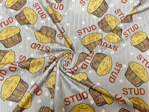 8x3 Rib Brittany Frost Designs Stud Muffin DBP Knit Print #483 Brushed Poly Spandex Stretch 190GSM Apparel Fabric 58"-60" Wide By The Yard