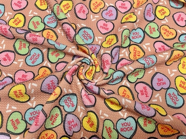 Brittany Frost Designs Candy Hearts Bullet Print #830 Ribbed Scuba Double Knit Stretch Poly Spandex Apparel Craft Fabric 58"-60" Wide BTY