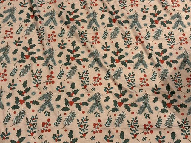 250 GSM DBP Christmas Holly Print #2069 Double Brushed Polyester Spandex Apparel Stretch Fabric 58"-60" Wide By The Yard