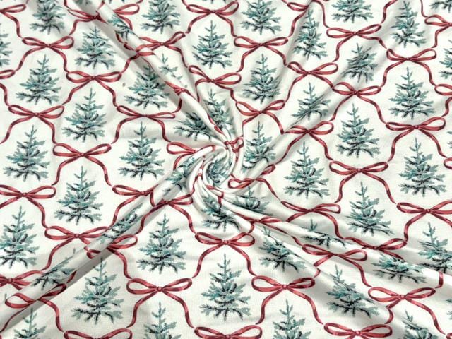 Christmas Tree Bow DBP Print #2081 Double Brushed Polyester Spandex Apparel Stretch Fabric 190 GSM 58"-60" Wide By The Yard
