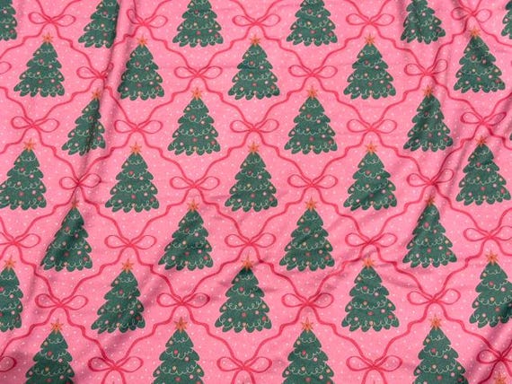 Christmas Tree Bow Super Scuba Techno Print #2071 Double Knit Stretch Fabric Poly Spandex Fabric 58"-60" Wide By The Yard