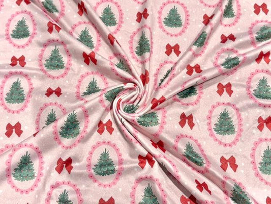 Christmas Tree Bow DBP Print #2075 Double Brushed Polyester Spandex Apparel Stretch Fabric 190 GSM 58"-60" Wide By The Yard