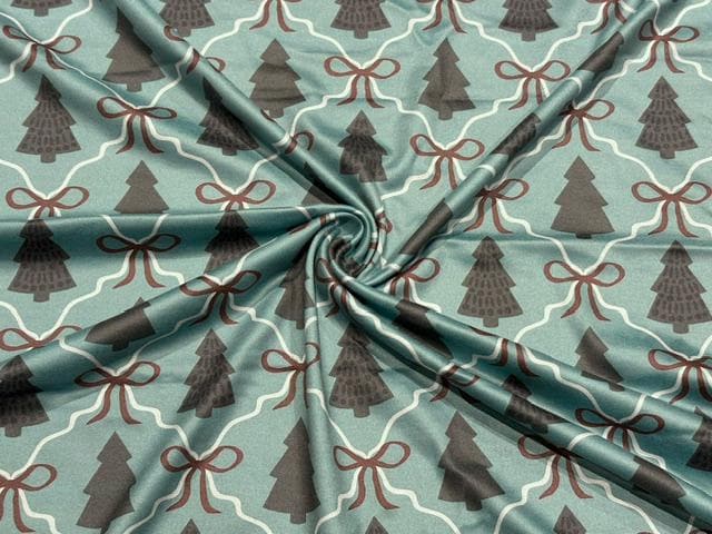 Christmas Tree Bow DBP Print #2094 Double Brushed Polyester Spandex Apparel Stretch Fabric 190 GSM 58"-60" Wide By The Yard