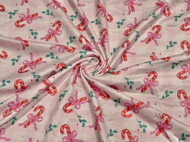 Candy Cane Bow DBP Print #2077 Double Brushed Polyester Spandex Apparel Stretch Fabric 190 GSM 58"-60" Wide By The Yard